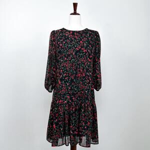 Calvin Klein Red Floral Crinkle Chiffon Ruffle Hem Dress